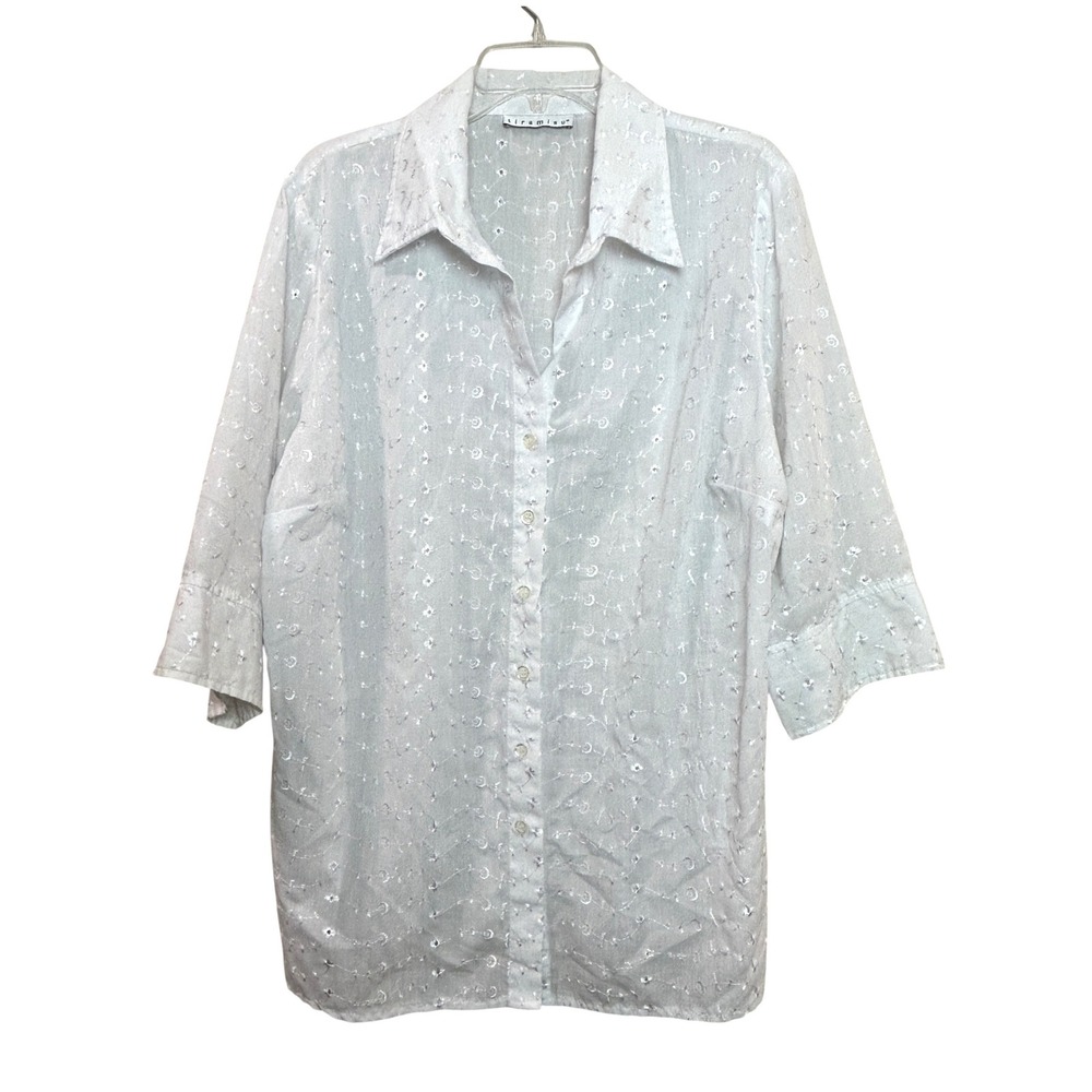 Tiramisu Eyelet Button Down Blouse Womens 2X White Floral Cottagecore Boho Chic